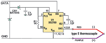 Thermocouple circuit using the DS2760 (from Sensors 2002)